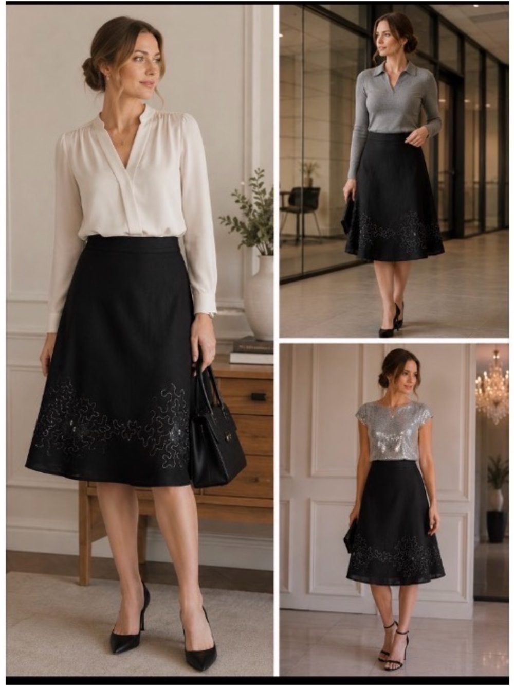 Lee Dong Soo Black A-Line Midi Skirt with Subtle Embroidery. Sz L
